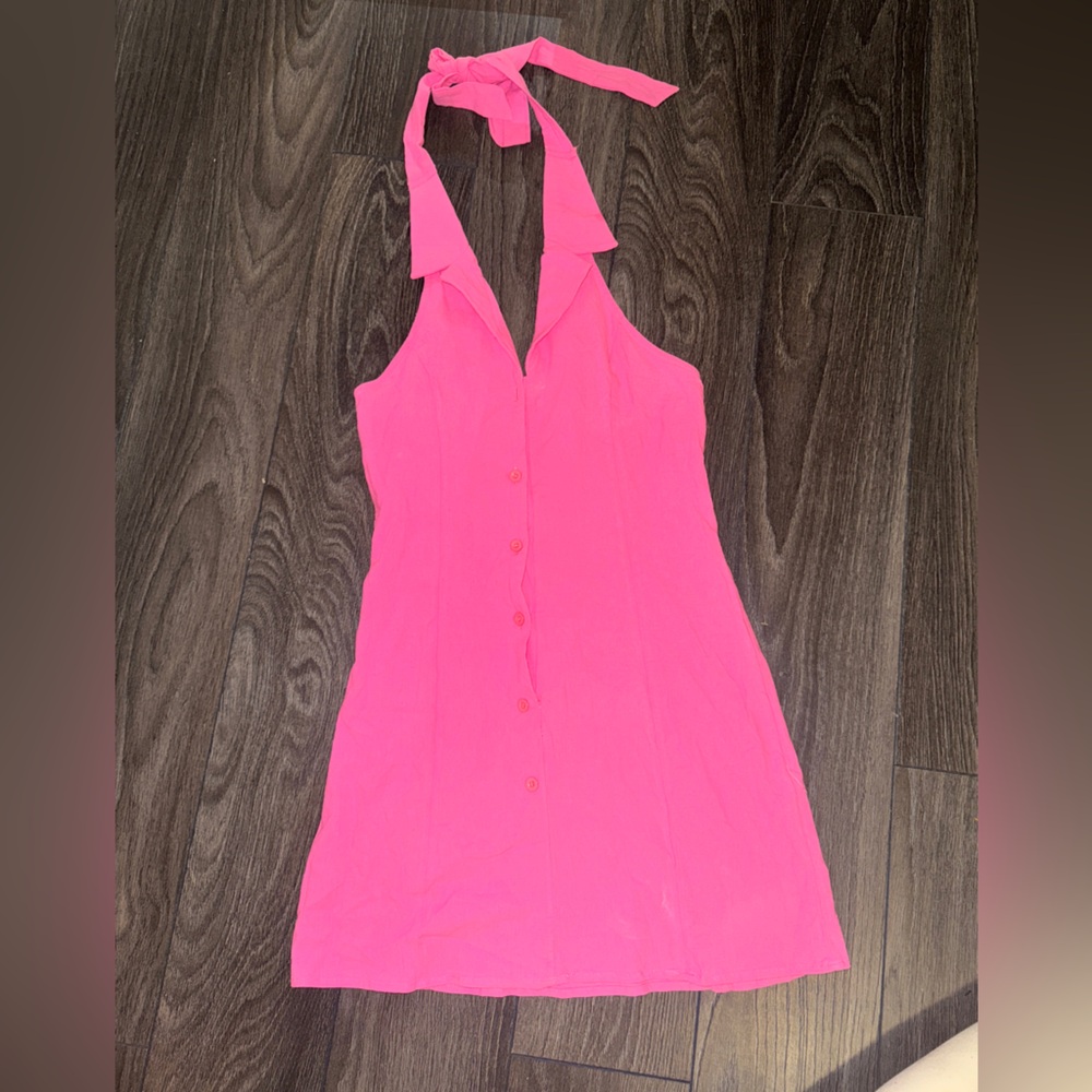 LIKE NEW Pink Low-Cut, Button Front, Halter Top Sleeveless & Backless Mini Dress